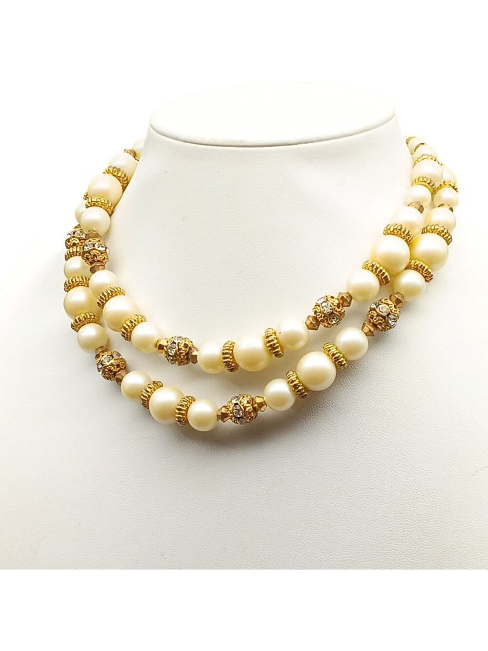 Vintage Gold-Tone & Faux Pearl Double-Strand Necklace With Rhinestone Accents